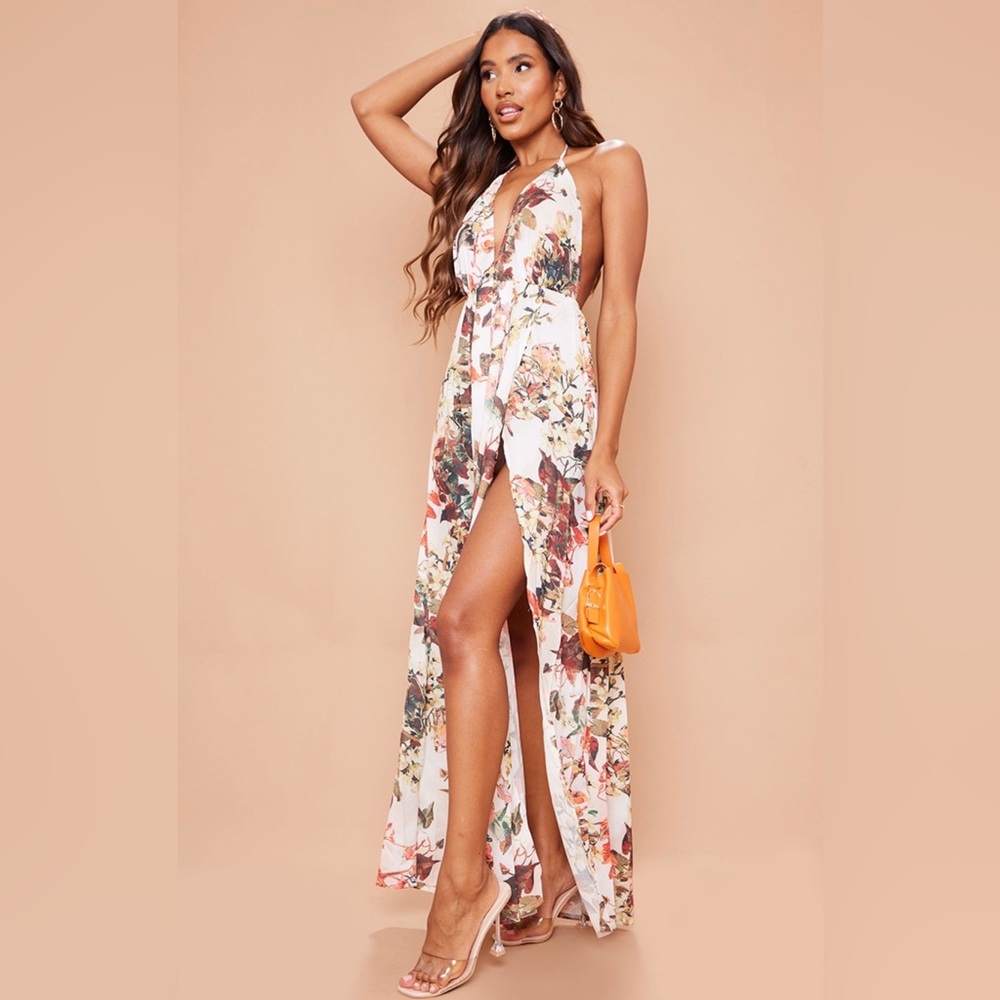 Floral Halter Maxi Dress in Cream